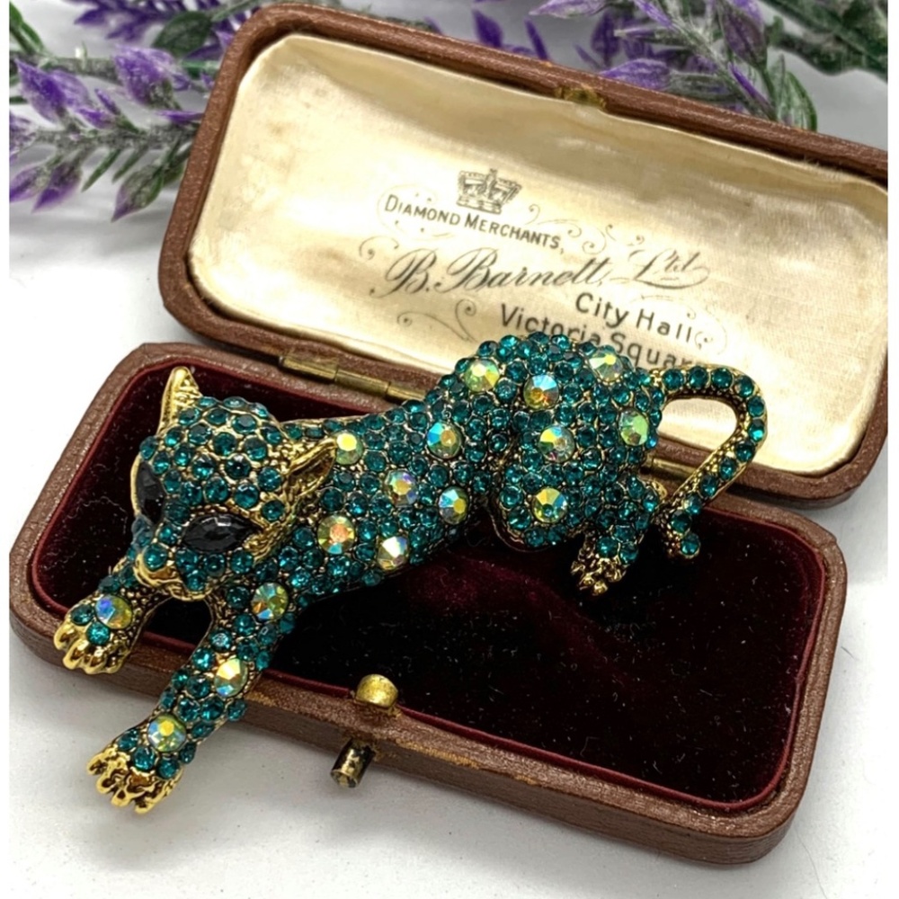 ❤️ Gorgeous Large Art Deco Style Turquoise Green Diamonte Sparkly Big Cat